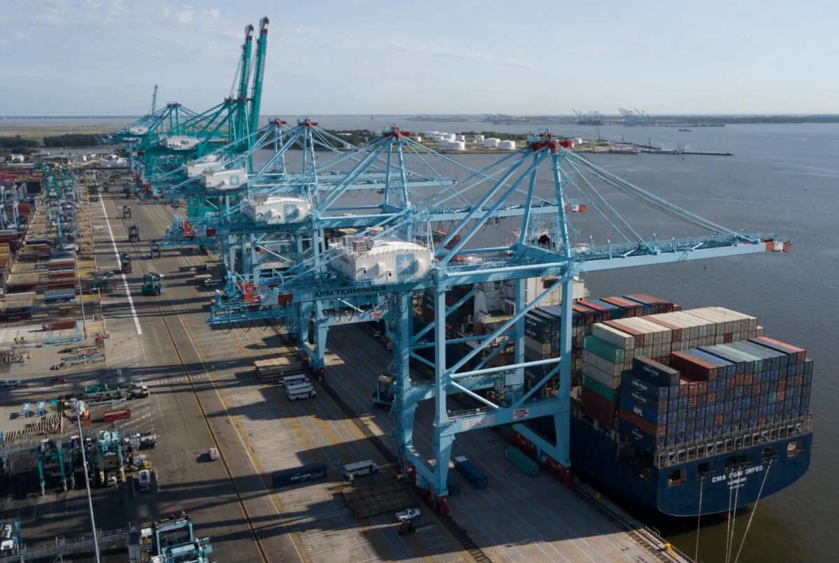 A container ship is unloaded at the Virginia International Gateway terminal in Norfolk, Va., on May 10, 2019. (Steve Helber/AP)