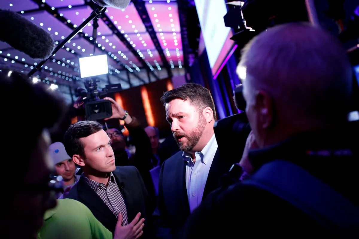 Iowa Democratic Party Chair Troy Price speaks to reporters in Des Moines, Iowa on Feb. 4, 2020. (Joshua Lott/AFP via Getty Images)