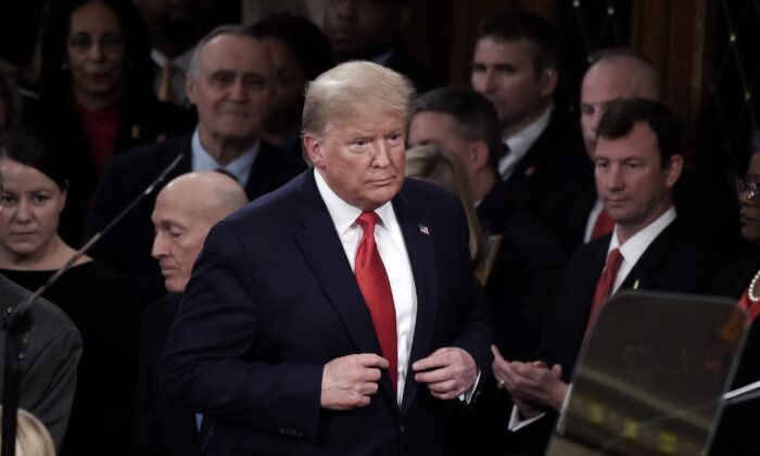 President Donald Trump arrives to deliver the State of the Union address in the U.S. House of Representatives chamber at the U.S. Capitol in Washington on Feb. 4, 2020. (Olivier Douliery/AFP via Getty Images)