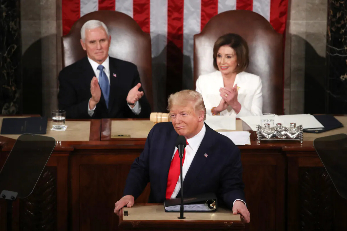 President Donald Trump delivers the State of the Union address as House Speaker Rep. Nancy Pelosi (D-Calif.)  and Vice President Mike Pence look on in the chamber of the U.S. House of Representatives in Washington on Feb. 4, 2020. (Mark Wilson/Getty Images)
