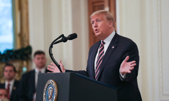 President Donald Trump speaks a day after being acquitted in two articles of impeachment, in the East Room of the White House in Washington on Feb. 6, 2020. (Charlotte Cuthbertson/The Epoch Times)