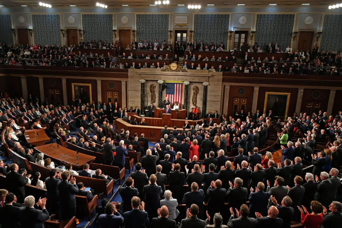 President Donald Trump acknowledges the audience before delivering his State of the Union address at the U.S. Capitol on Feb. 4, 2020. (MANDEL NGAN/AFP via Getty Images)
