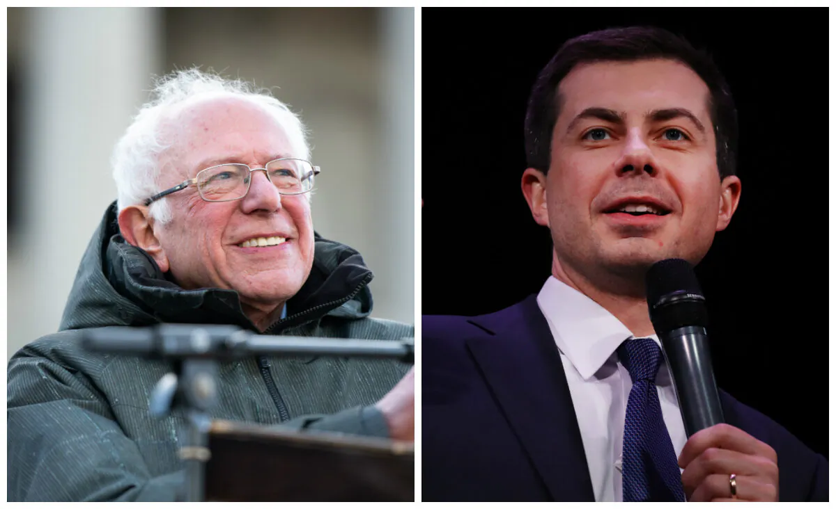 Democratic presidential candidates Sen. Bernie Sanders (I-Vt.) (L) and former South Bend Mayor Pete Buttigieg in file photographs. (Sean Rayford and Spencer Platt/Getty Images)