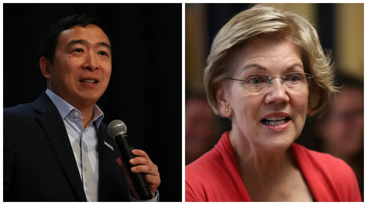 Democratic presidential candidates Andrew Yang, left, and Sen. Elizabeth Warren (D-Mass.) on the campaign trail in recent photographs. (Justin Sullivan and Joe Raedle/Getty Images)
