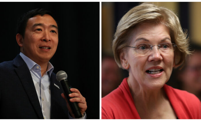 Democratic presidential candidates Andrew Yang, left, and Sen. Elizabeth Warren (D-Mass.) on the campaign trail in recent photographs. (Justin Sullivan and Joe Raedle/Getty Images)