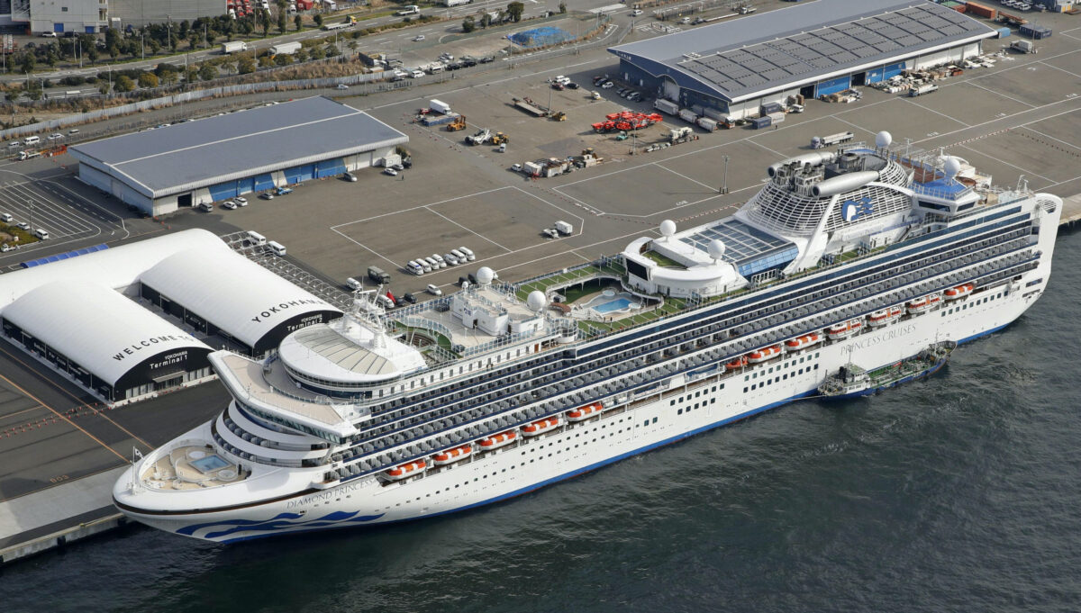 The cruise ship Diamond Princess is docked at Yokohama Port near Tokyo on Feb. 7, 2020. (Sadayuki Goto/Kyodo News via AP)