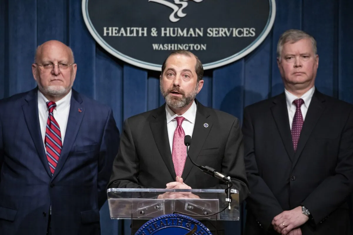 Health and Human Services Secretary Alex Azar speaks during a press conference on recent developments with the coronavirus with other members of President Trump's Coronavirus Task Force at the agency's headquarters in Washington on Feb. 7, 2020. (Samuel Corum/Getty Images)