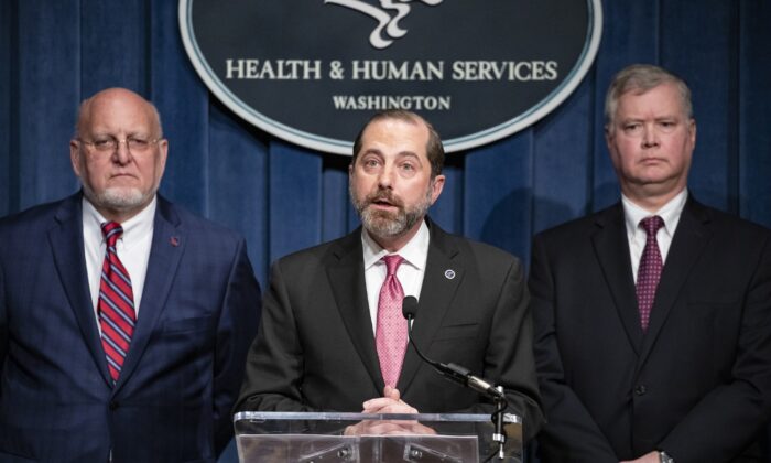 Health and Human Services Secretary Alex Azar speaks during a press conference on recent developments with the coronavirus with other members of President Trump's Coronavirus Task Force at the agency's headquarters in Washington on Feb. 7, 2020. (Samuel Corum/Getty Images)