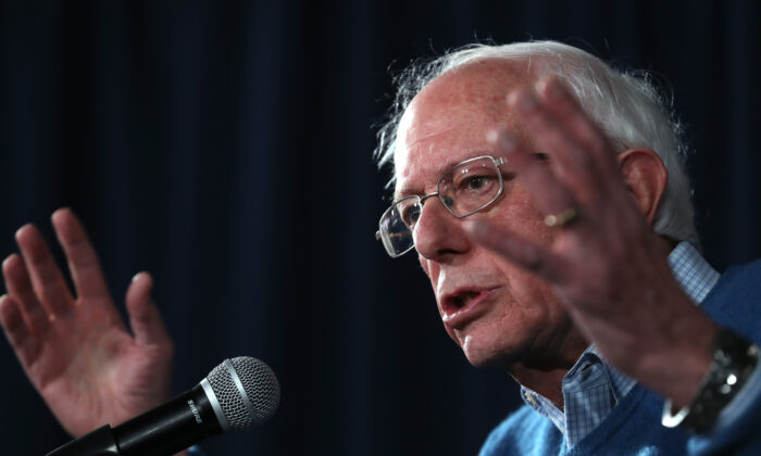 Democratic presidential candidate Sen. Bernie Sanders (I-Vt.) speaks during a press conference at his New Hampshire campaign headquarters in Manchester on Feb. 6, 2020. (Justin Sullivan/Getty Images)