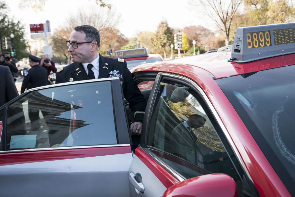 Lt. Col. Alexander Vindman, National Security Council Director for European Affairs, exits Longworth House Office Building after testifying before the House Intelligence Committee during the second week of impeachment hearings of President Donald Trump on Capitol Hill in Washington on Nov. 19, 2019. (Sarah Silbiger/Getty Images)