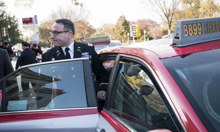 Lt. Col. Alexander Vindman, National Security Council Director for European Affairs, exits Longworth House Office Building after testifying before the House Intelligence Committee during the second week of impeachment hearings of President Donald Trump on Capitol Hill in Washington on Nov. 19, 2019. (Sarah Silbiger/Getty Images)