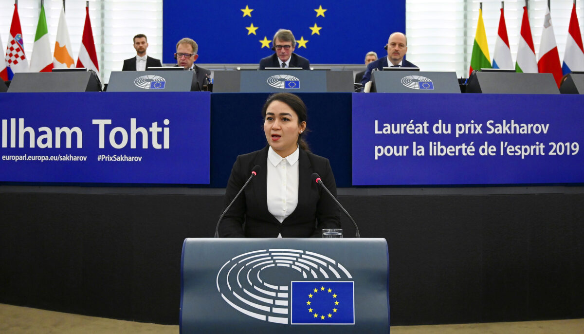 Jewher Ilham, daughter of Ilham Tohti, an Uyghur professor, delivers a speech during the award ceremony at the 2019 European Parliament's Sakharov human rights prize in Strasbourg, eastern France. (FREDERICK FLORIN/AFP via Getty Images)