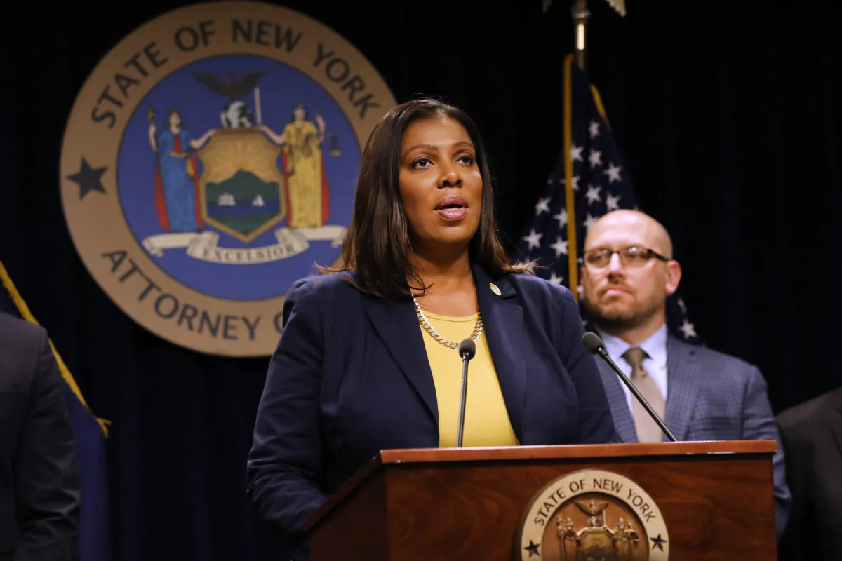 New York Attorney General Letitia James speaks at a press conference in New York City in a file photograph. (Spencer Platt/Getty Images)