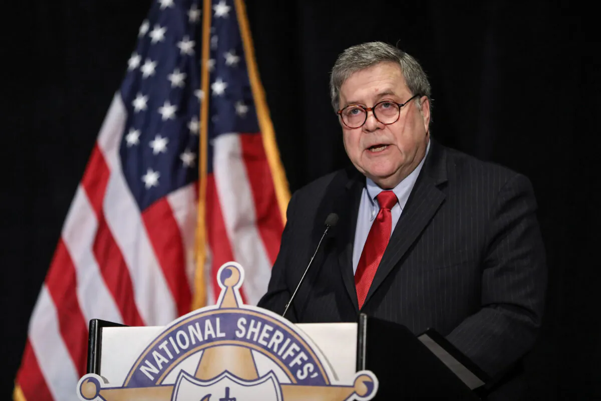 Attorney General William Barr delivers remarks at the National Sheriffs’ Association Winter Legislative and Technology Conference in Washington on Feb. 10, 2020. (Samira Bouaou/The Epoch Times)