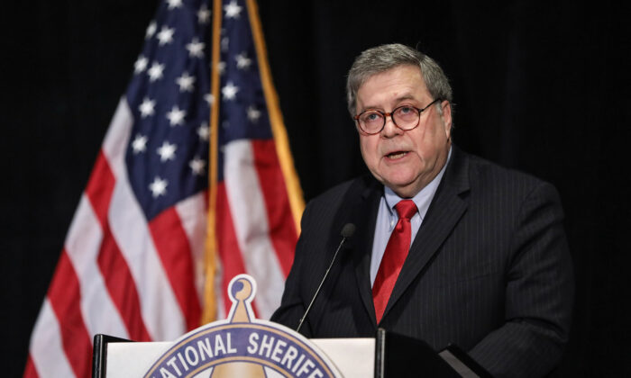 Attorney General William Barr delivers remarks at the National Sheriffs’ Association Winter Legislative and Technology Conference in Washington on Feb. 10, 2020. (Samira Bouaou/The Epoch Times)