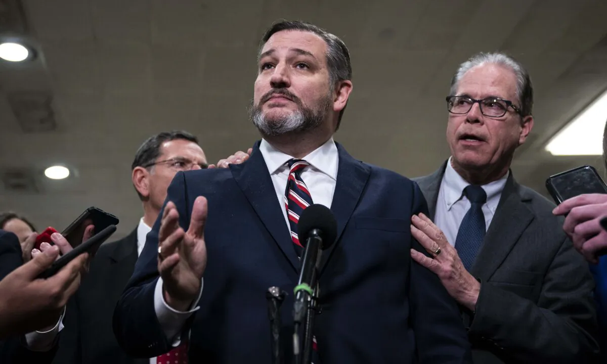 Sens. Ted Cruz (R-Texas) (C) speaks to the media at Capitol Hill in Washington, on Jan. 27, 2020. (Drew Angerer/Getty Images)