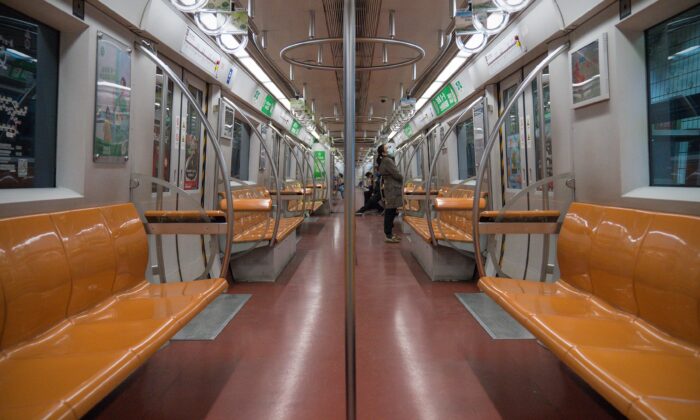 On the first working day after the Chinese New Year, few people take the metro in Beijing, China on Feb. 10, 2020. (Andrea Verdelli/Getty Images)
