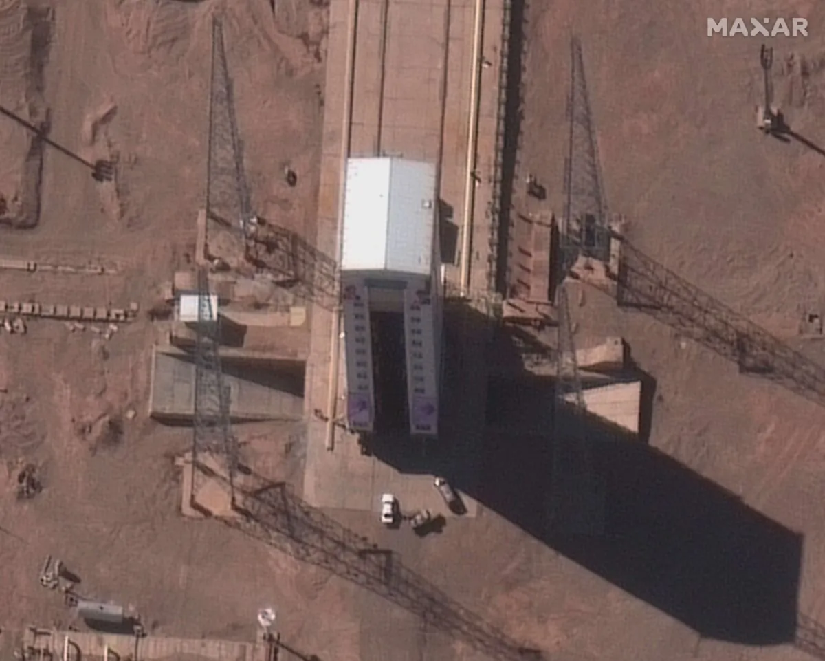This Feb. 4, 2020 satellite image shows preparations at a rocket launch pad at the Imam Khomeini Space Center in Iran's Semnan province. An Iranian rocket failed to put a satellite into orbit on Feb. 9, 2020. (Maxar Technologies via AP)