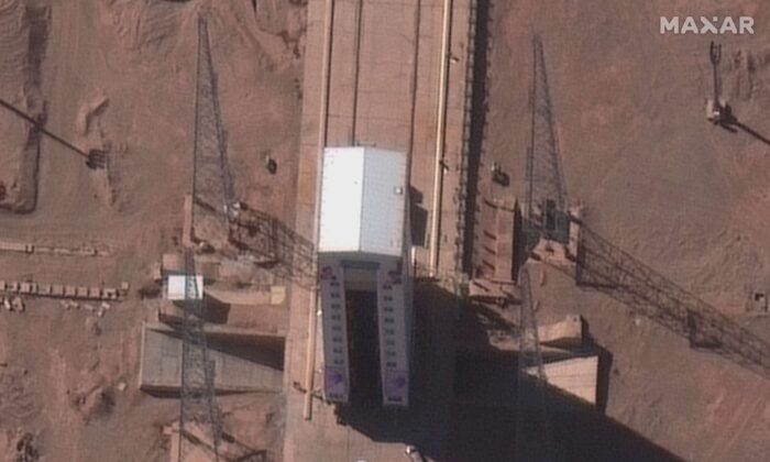 This Feb. 4, 2020 satellite image shows preparations at a rocket launch pad at the Imam Khomeini Space Center in Iran's Semnan province. An Iranian rocket failed to put a satellite into orbit on Feb. 9, 2020. (Maxar Technologies via AP)