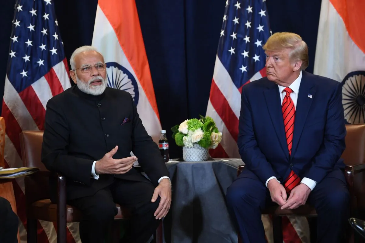 President Donald Trump and Indian Prime Minister Narendra Modi hold a meeting at UN Headquarters in New York on Sept. 24, 2019. (Saul Loeb/AFP via Getty Images)