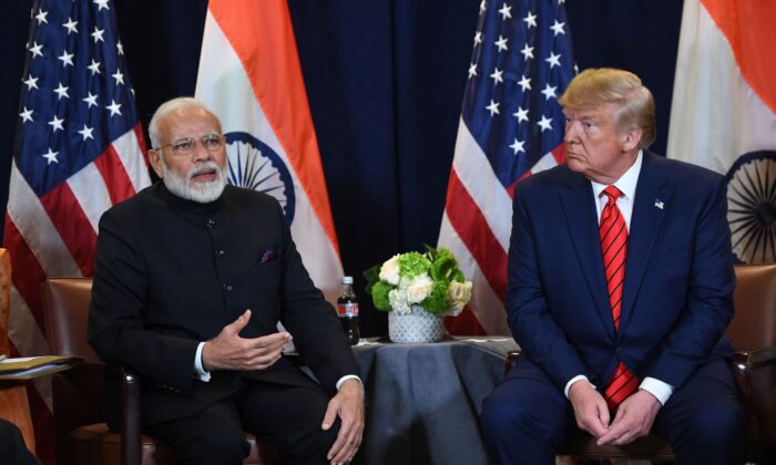 President Donald Trump and Indian Prime Minister Narendra Modi hold a meeting at UN Headquarters in New York on Sept. 24, 2019. (Saul Loeb/AFP via Getty Images)