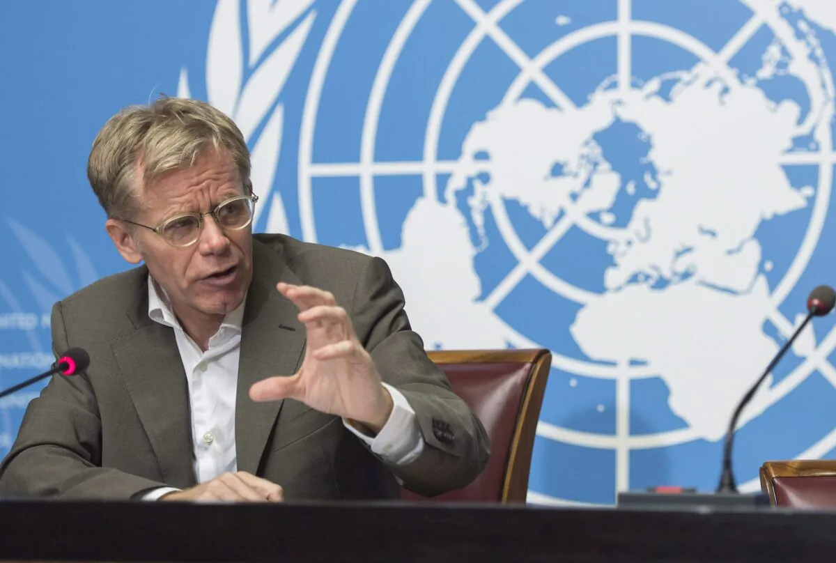 Canadian epidemiologist Bruce Aylward speaks during a press conference at the United Nations European headquarters in Geneva, Switzerland, on July 7, 2016. Aylward will lead an international team of experts in the study of China's novel coronavirus outbreak. (The Canadian Press/AP, Keystone)