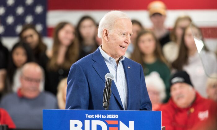 Democratic presidential candidate former Vice President Joe Biden speaks during a campaign event in Manchester, New Hampshire on Feb. 10, 2020. (Scott Eisen/Getty Images)