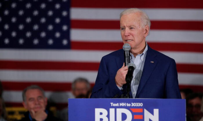 Democratic 2020 U.S. presidential candidate and former Vice President Joe Biden speaks during a campaign event in Gilford, New Hampshire on Feb. 10, 2020. (Carlos Barria/Reuters)