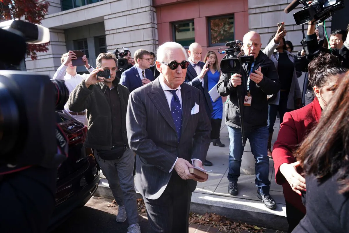 Former adviser to President Donald Trump, Roger Stone, leaves the E. Barrett Prettyman United States Courthouse after being found guilty of obstructing a congressional investigation into Russia’s interference in the 2016 election, in Washington on Nov. 15, 2019. (Win McNamee/Getty Images)