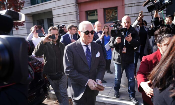 Former adviser to President Donald Trump, Roger Stone, leaves the E. Barrett Prettyman United States Courthouse after being found guilty of obstructing a congressional investigation into Russia’s interference in the 2016 election, in Washington on Nov. 15, 2019. (Win McNamee/Getty Images)
