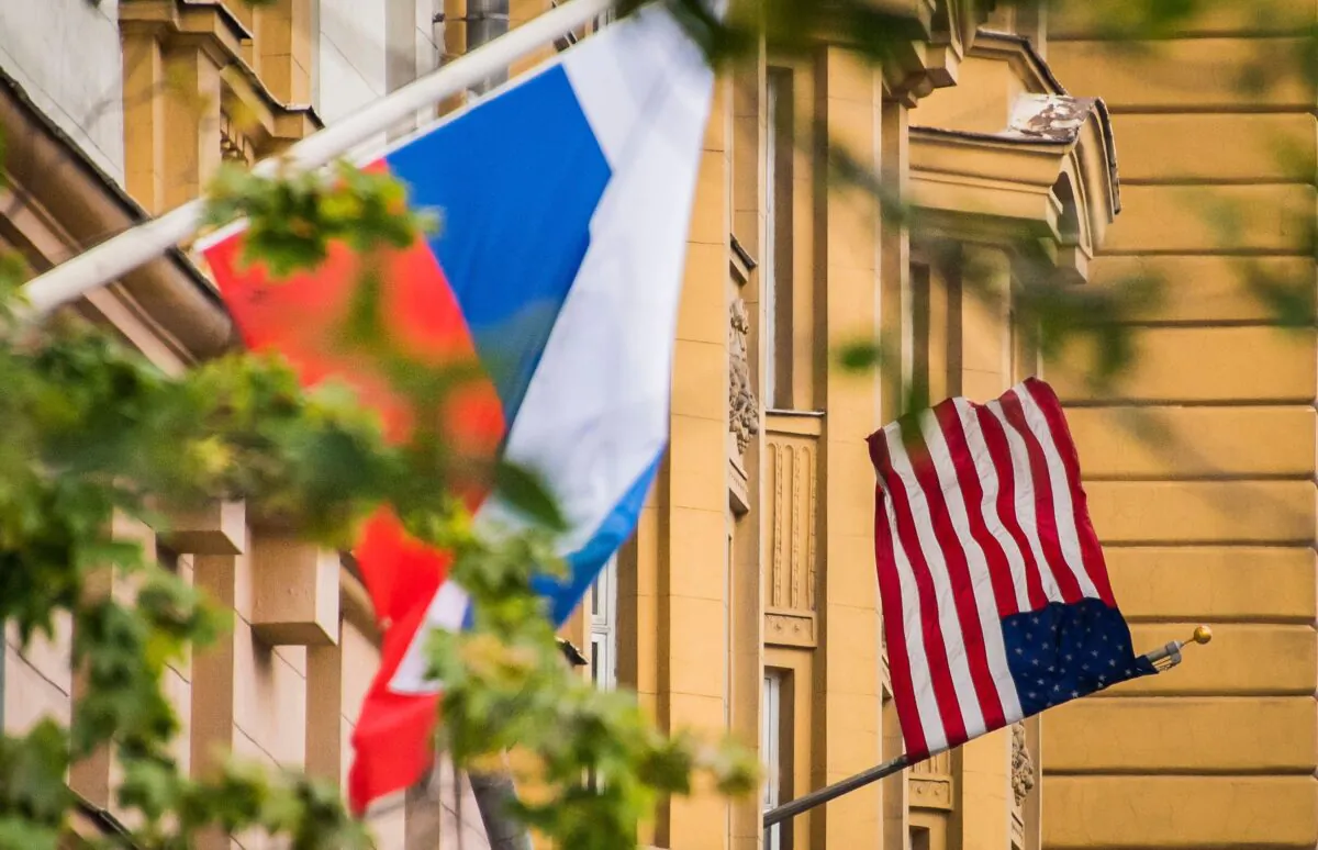 A Russian flag flies next to the U.S. embassy building in Moscow on July 31, 2017.
(Mladen Antonov/AFP via Getty Images)