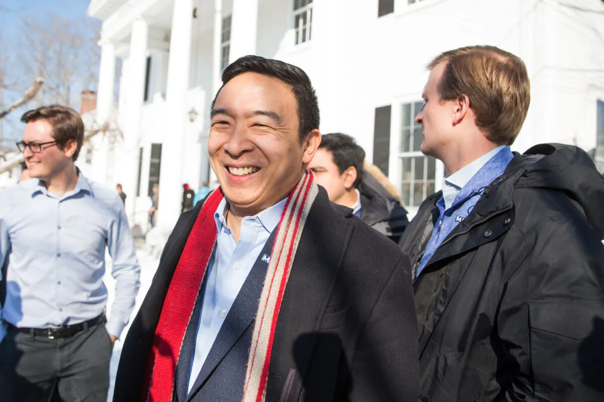 Democratic presidential candidate Andrew Yang exits Hopkinton Town Hall following a campaign event in Hopkinton, New Hampshire, on Feb. 9, 2020. (Scott Eisen/Getty Images)