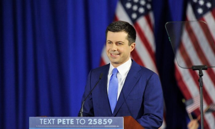 Presidential candidate and former mayor of South Bend, Indiana, Pete Buttigieg, speaks to his supporters during a primary night rally at Nashua Community College in Nashua, N.H., on Feb. 11, 2020. (Joseph Prezioso/AFP via Getty Images)