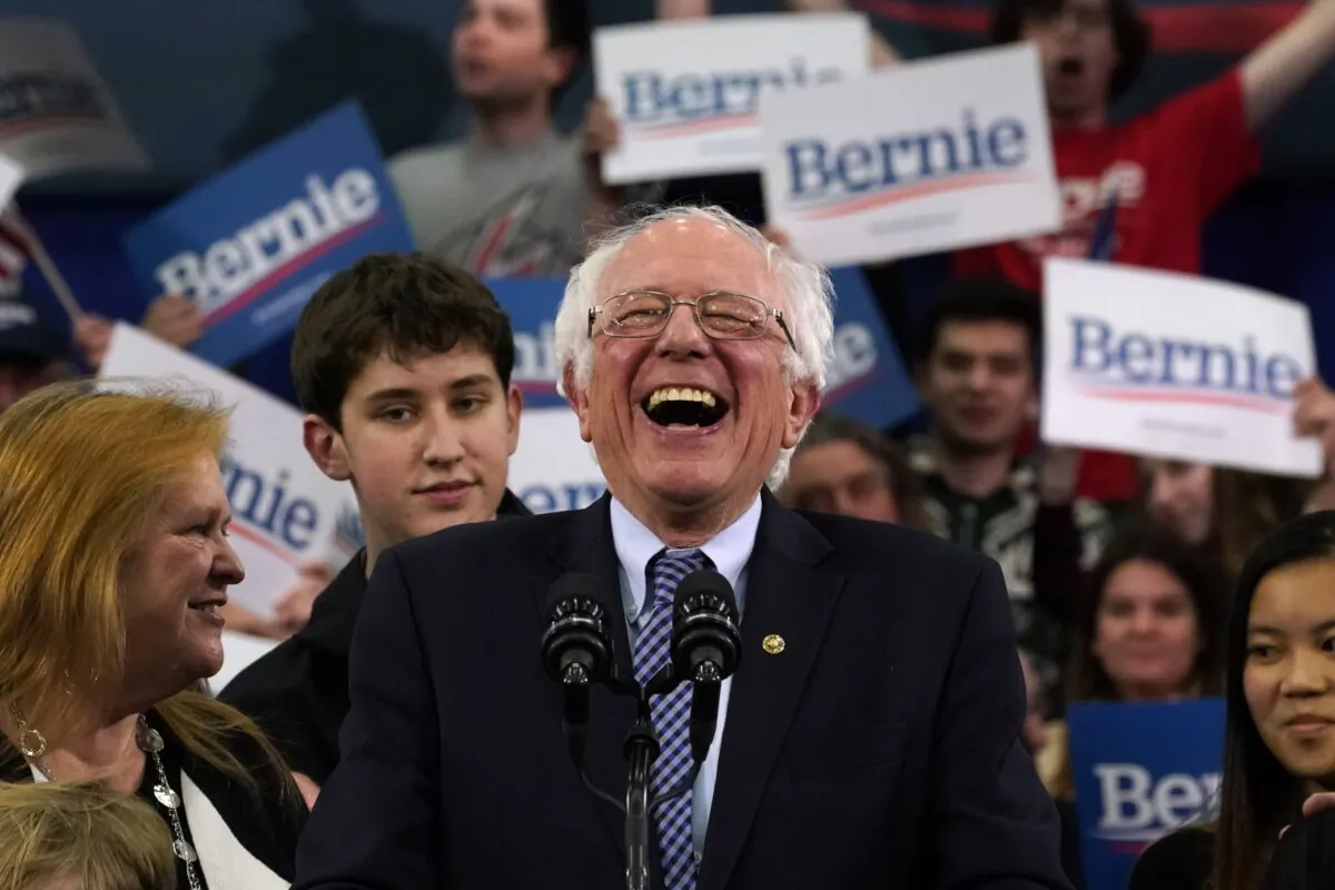 Democratic presidential hopeful Vermont Senator Bernie Sanders speaks at a primary night event at the SNHU Field House in Manchester, N.H., on Feb. 11, 2020. Timothy A. Clary/AFP via Getty Images