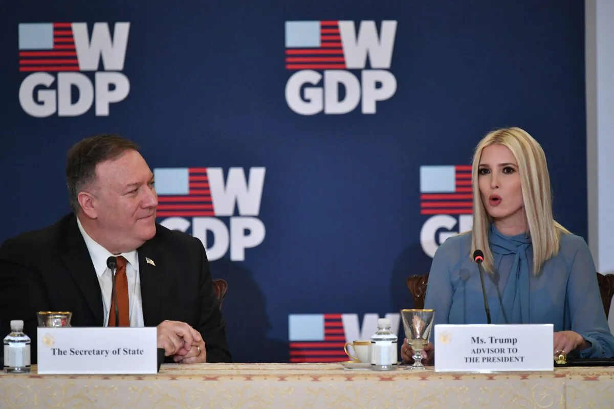 US Secretary of State Mike Pompeo and Advisor to the President Ivanka Trump host an event celebrating the one-year anniversary of the White House’s Womens Global Development and Prosperity (W-GDP) Initiative in the Benjamin Franklin Room of the Department of State in Washington, DC on February 12, 2020.  (MANDEL NGAN/AFP via Getty Images)