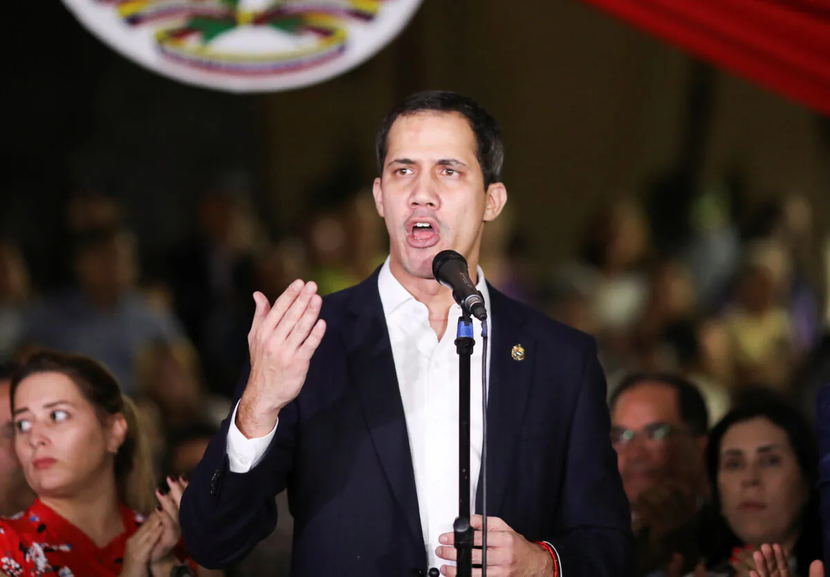 Venezuela's opposition leader Juan Guaidó, who many nations have recognized as the country's rightful interim ruler, speaks at a gathering in Caracas, Venezuela on Feb. 11, 2020. (Manaure Quintero/Reuters)