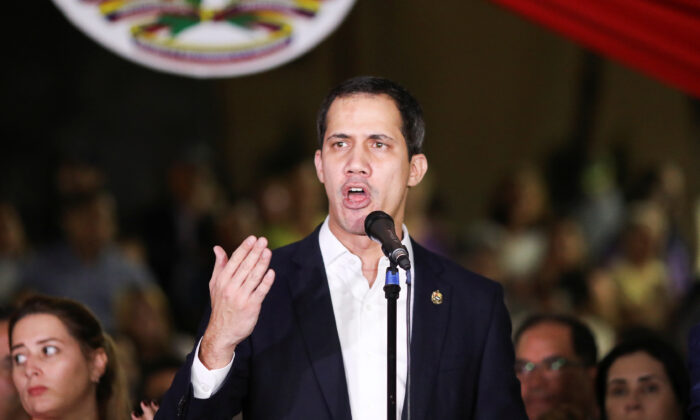 Venezuela's opposition leader Juan Guaidó, who many nations have recognized as the country's rightful interim ruler, speaks at a gathering in Caracas, Venezuela on Feb. 11, 2020. (Manaure Quintero/Reuters)