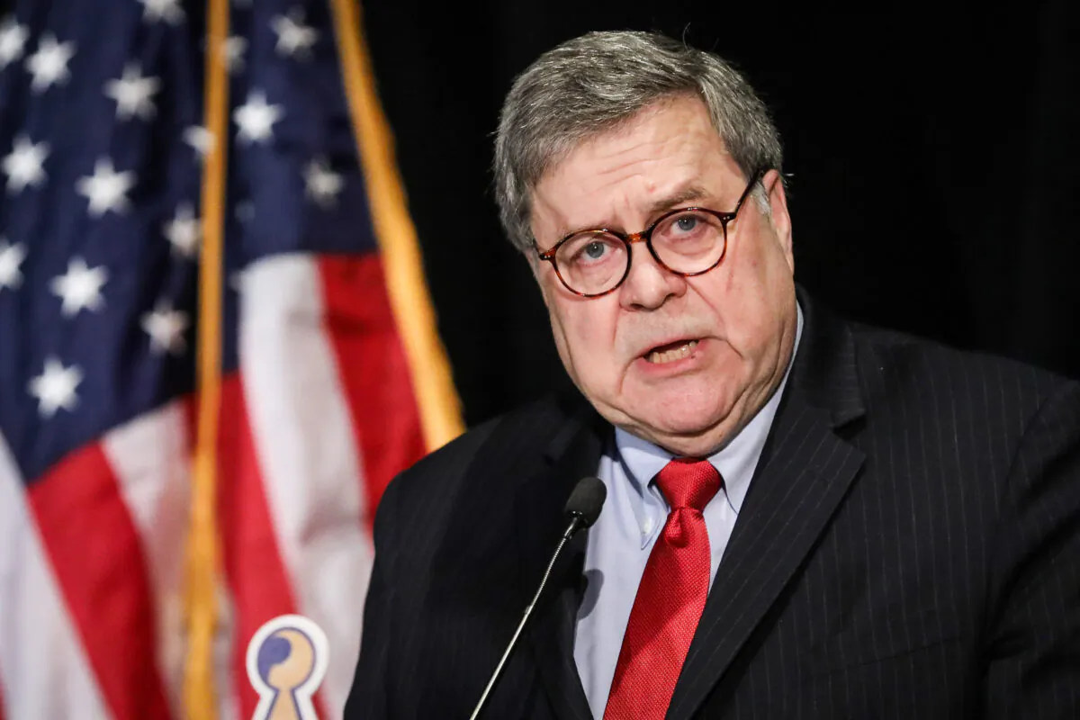 Attorney General William Barr speaks at a the National Sheriffs' Association conference in Washingon on Feb. 10, 2020. (Samira Bouaou/The Epoch Times)