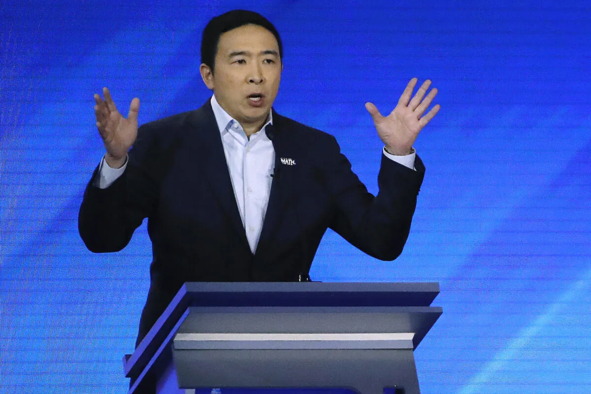 Andrew Yang speaks during a Democratic presidential primary debate at Saint Anselm College in Manchester, N.H. on Feb. 7, 2020. (AP Photo/Elise Amendola)