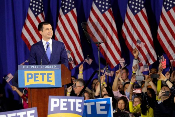 Democratic U.S. presidential candidate and former South Bend Mayor Pete Buttigieg speaks at his New Hampshire primary night rally in Nashua, N.H., U.S.