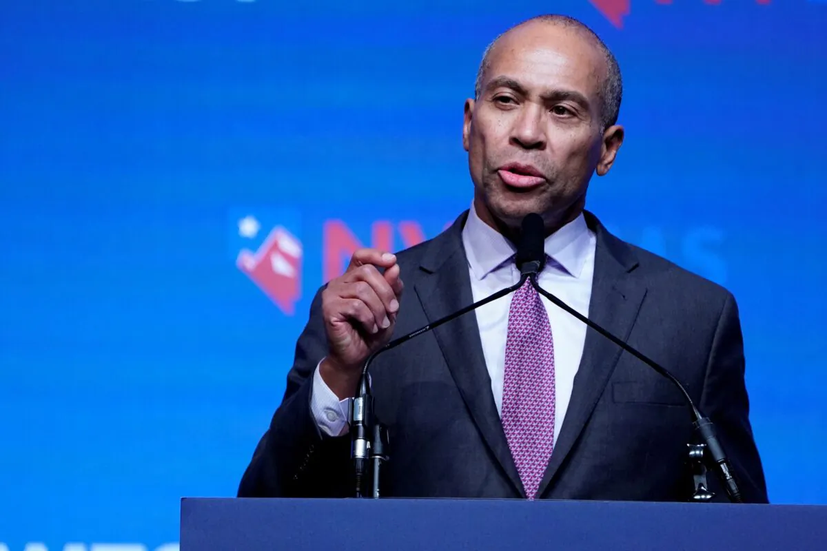 Deval Patrick appears on stage at a First in the West Event at the Bellagio Hotel in Las Vegas, Nevada on Nov. 17, 2019. (Carlo Allegri/Reuters)