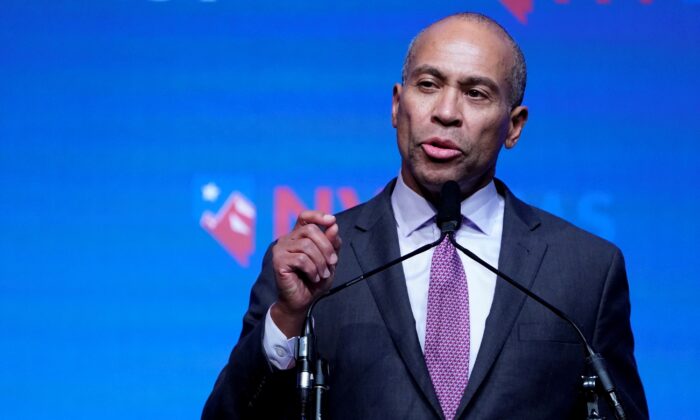Deval Patrick appears on stage at a First in the West Event at the Bellagio Hotel in Las Vegas, Nevada on Nov. 17, 2019. (Carlo Allegri/Reuters)