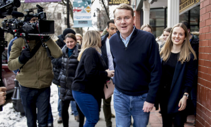 Democratic presidential candidate Sen. Michael Bennet (D-Colo.) arrives for a campaign stop at the Spotlight Room at the Palace on Feb. 8, 2020, in Manchester, N.H. (Andrew Harnik/AP)