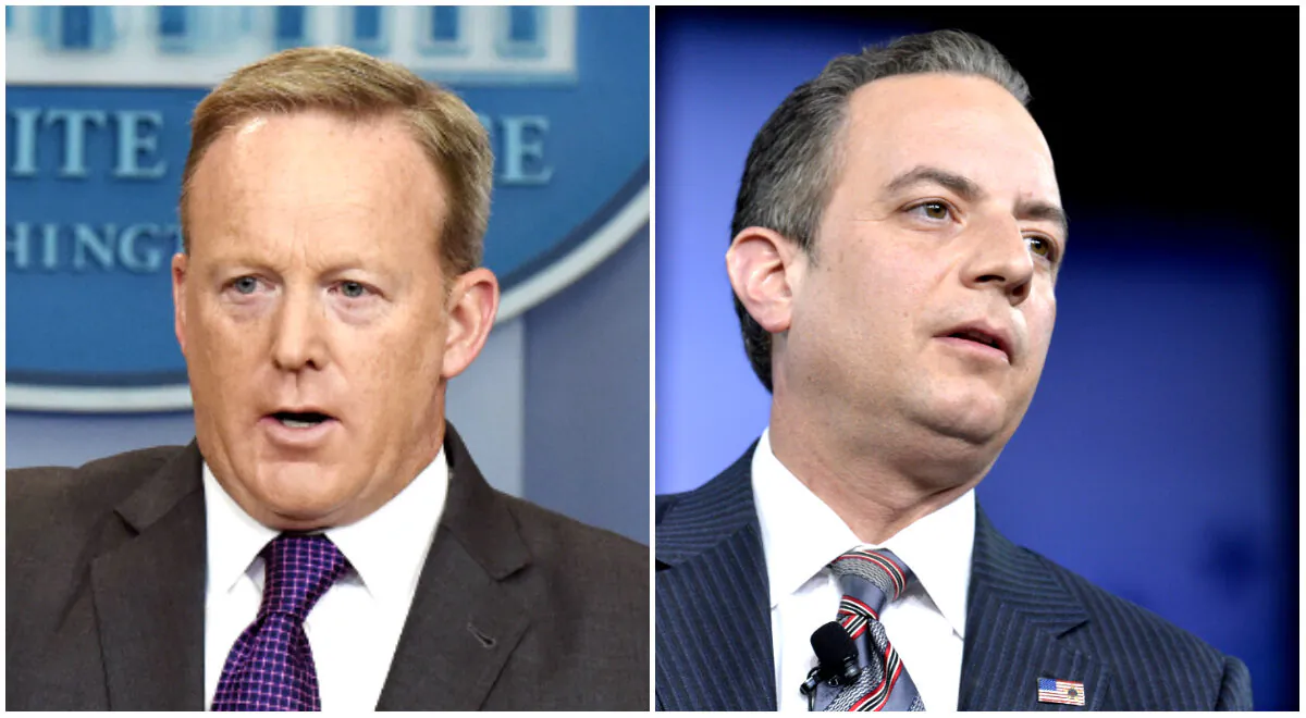 (L) Sean Spicer at the White House in Washington on July 17, 2017. (R) Reince Priebus during a discussion at the Conservative Political Action Conference at National Harbor, Md., on Feb. 23, 2017. (Olivier Douliery/Mike Theiler/AFP via Getty Images)
