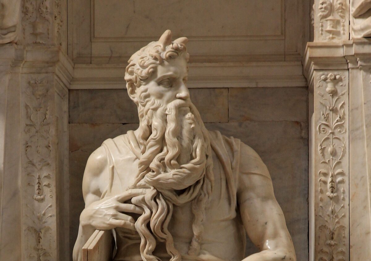 Moses could see the unseeable. “Moses” by Michelangelo in the church of San Pietro in Vincoli in Rome. (The horns on Moses’s head are attributed to the Latin translation of the Bible at the time of the statue’s creation.) (Jorg Bittner Unna CC BY 3.0)