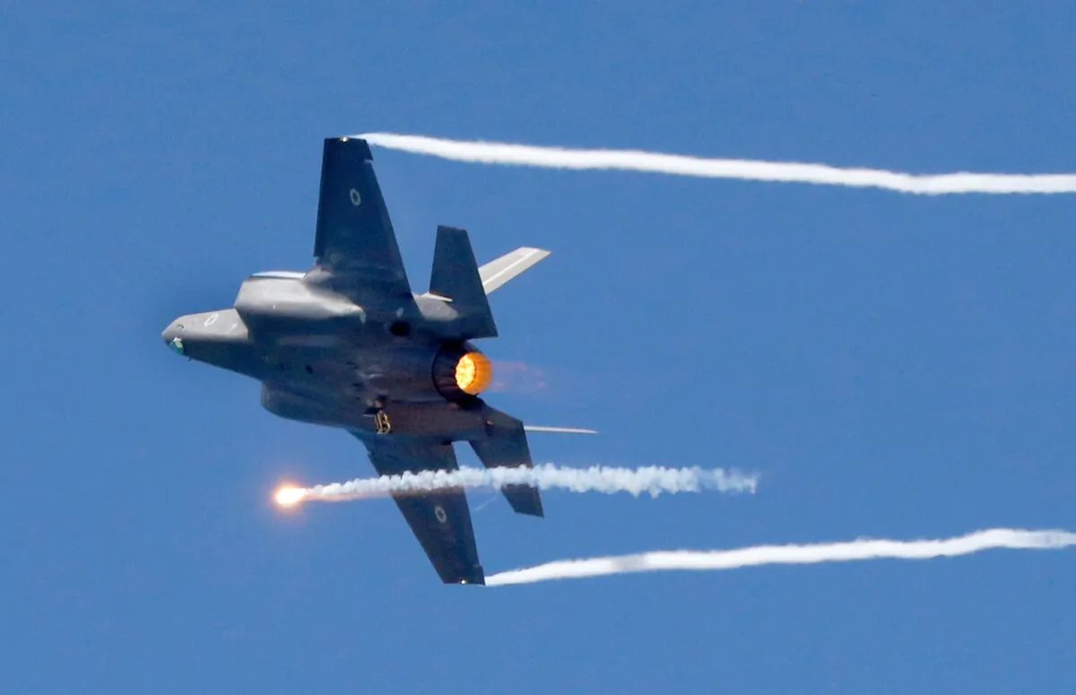 An Israeli F-35 fighter jet performs during an airshow over the beach in the Mediterranean coastal city of Tel Aviv, on May 9, 2019. (Jack Guez/via Getty Images)