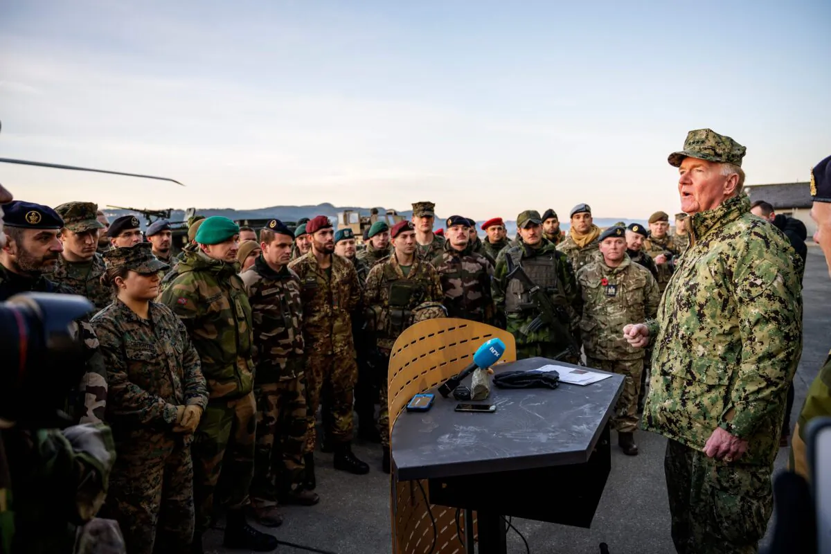 U.S. Admiral James G Foggo (R), Commander of the NATO Trident Juncture exercise speaks during a ceremony to mark the end of NATO exercise Trident Juncture at the Vaernes airport in Stjoerdal, Norway, on Nov. 7, 2018. (Ole Martin Wold / AFP via Getty Images)