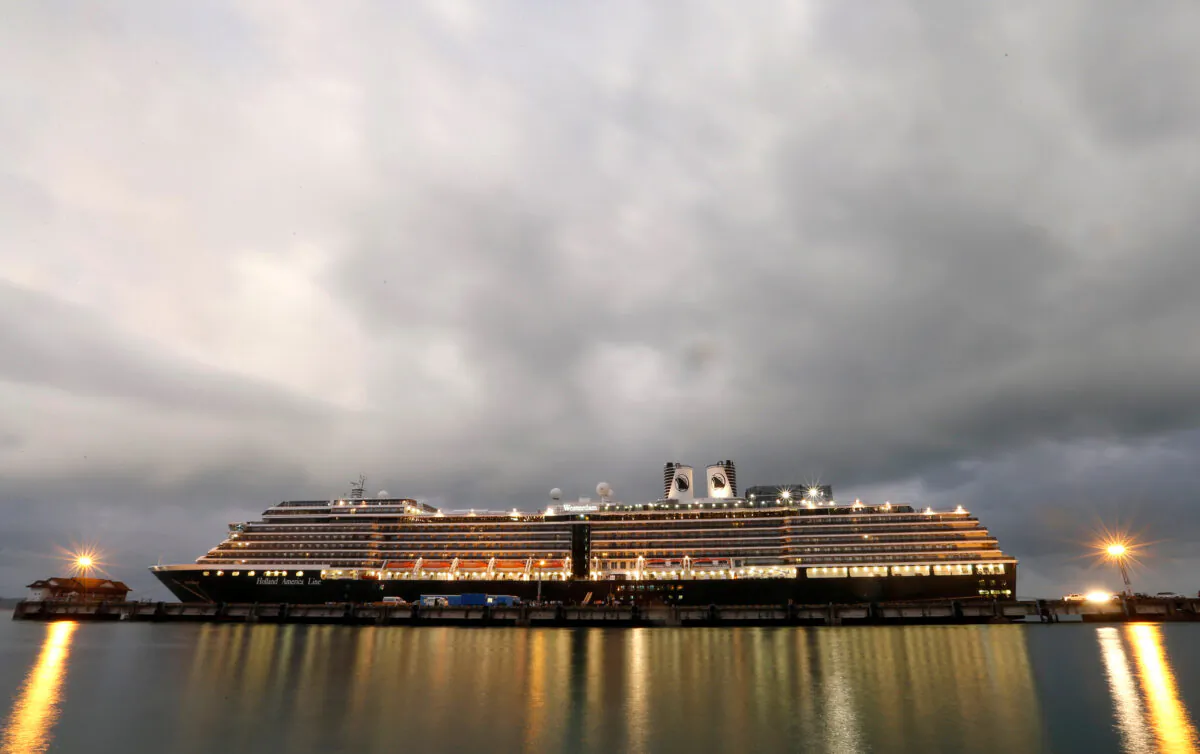 A cruise ship that spent two weeks at sea after being turned away by five countries over fears that someone aboard might have the coronavirus is seen in Sihanoukville, Cambodia on Feb. 14, 2020. (Soe Zeya Tun/Reuters)