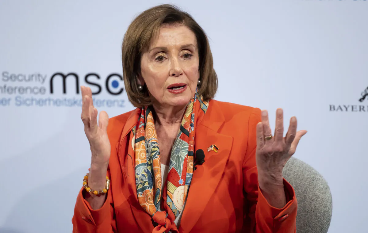 Nancy Pelosi, Speaker of the US House of Representatives, speaks on the first day of the 56th Munich Security Conference in Munich, Germany, on Feb.14, 2020. (Sven Hoppe/dpa via AP)