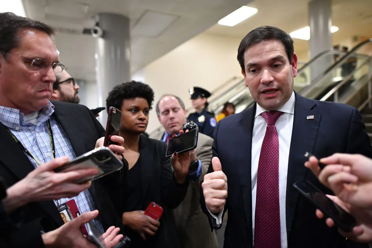 U.S. Senator Marco Rubio (R-Fla.) talks to the media as he leaves after voting in the impeachment trial of the US president on Capitol Hill in Washington on Jan. 31, 2020. (Mandel Ngan/AFP via Getty Images)
